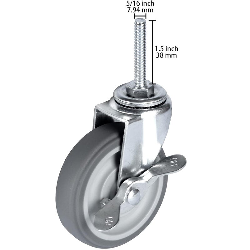 Finnhomy Caster Wheels 3 Inch Set of 4 Heavy Duty Threaded Stem Casters 5/16"-18x1-1/2 Swivel Rubber Industrial Castors Locking Wheels for Wire Shelving/Furniture/Carts Load Bearing 720 Lbs Gray - Image 2